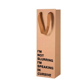 Funny Wine Gift Bag with "I'm Not Slurring I'm Speaking in Cursive" Saying – Reusable Kraft Paper Wrap Bag (4.7″ x 3.5″ x 14″) with Sturdy Handles – Humorous Gag Gift for Wine Lovers, Parties