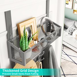 HapiRm Over The Door Hooks - Easy Installation Door Hanger with Basket and 16 Hooks, 304 Stainless Steel Storage Organizer for Towels, Coats, Bathroom, Kitchen, Dorm-Grey