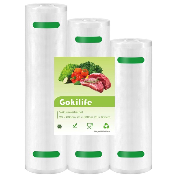 Gokilife 3 Rolls Vacuum Sealer Foil Rolls 20 x 600 cm 25 x 600 cm 28 x 600 cm Vacuum Rolls BPA-Free Reusable Vacuum Bags Food for All Vacuum Sealers