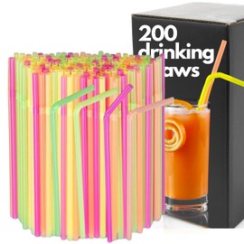 disposable plastic straws - pack of 200 drinking reusable coffee long cocktail stirrers flexible sticks smoothies milkshake drink kids bulk bendable stirrer bendy party birthday - neon