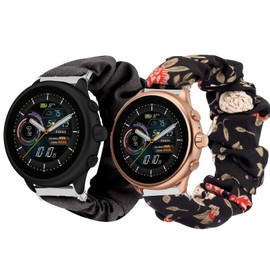 Compatible for Fossil Gen 6 Wellness Band, Sahouden Fabric Elastic Scrunchie Elastic Women Cute Replacement Straps Compatible for Fossil Gen 6 Wellness Smartwatch (2 pack-Black flower+Black)