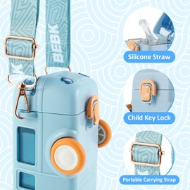 Bus Water Bottle for Kids, 16oz Car Straw Water Cup with Strap, Leak-Proof Kids Small Square Drinking Cup, Summer Cute Cartoon Water Jug Toy, Locking Flip Lid Water Kettle for Outdoor School (Blue)