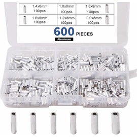 600pcs Fishing Crimp Sleeves Kit, Single Barrel Crimp Sleeves Round Aluminum Crimping Sleeves Tubes Fishing Line Connector Wire Rope Cable Leader Rigging Tackle