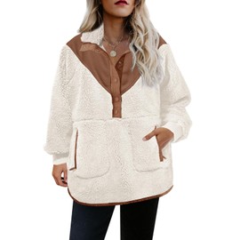 Panadila Womens Fuzzy Fleece Pullover Oversized Sherpa Sweatshirt with Pockets Trendy Warm Button Down Sweater (White,S)