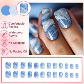 Ceboic French False Nails Short Square, Blue White Gradient Press on Nails with Glue Stickers, Glitter Acrylic Gel Fake Nails Set, Summer Stick on Nail for Women and Girls Finger Decoration 24PCS