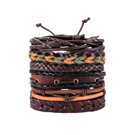 dinghaole 6 Pcs Leather Bracelet, Punk Braided Men & Women Rope Bracelet, Adjustable Fashion Leather Bracelet, Vintage Bracelets Wrap Set for Men Women Wood Beads Bracelet