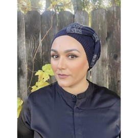 Sombrero de boina de punto para mujer, diseño de lazo, elegante cubierta para la cabeza, conveniente ropa de quimioterapia Tichel Navy, marino, Talla única