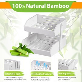 Gmtsl Bamboo Fruit Basket for Kitchen– 2 Tier Fruit Bowl For Kitchen Counter, Large Fruit Holder With Banana Hangers, Idea For Fruit and Vegetable Storage, Bread Display, Snack Organizer(White)