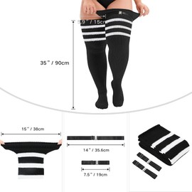 Zando Plus Size Thigh High Stockings Thick Thigh High Socks for Women Non Slip Long Socks Womens Striped Knit Leg Warmers Over the Knee High Socks Thigh Highs Plus Size White three poles One Size