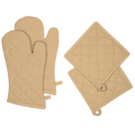 Softopia Cotton Oven Mitt (7"x13") & Pot Holder (8"x8") 100% Cotton Set of Heat Resistant Oven Gloves & Hot Pads for Gifts, BBQ, Cooking, Baking, Thanksgiving - Beige