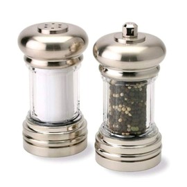 Olde Thompson - 7 Brushed Nickel Pepper Mill & Salt Shaker Set - Pre-filled with Peppercorns and Pure Ocean Sea Salt, Fully Adjustable for Fine to Coarse Quality, Easy to Clean, Use and Refill