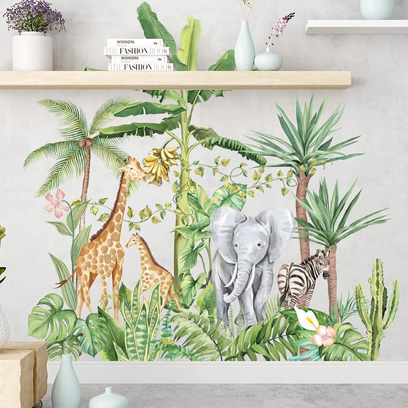 Runtoo Tropical Jungle Animal Wall Decals Giraffe Elephant Plants Wall