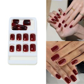 Short Press On Nails Burgundy Square Handmade Gel Fake Nails Fit Perfectly Glue On Nails 24 PCS Reusable False Nails Kit with Jelly Glue