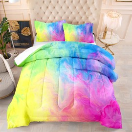 BSNTHO Rainbow Girls Comforter Set Tie Dye Kids Bedding Set Queen Size 3Pcs Rainbow Watercolor Comforter Colorful Pastel Duvet Quilt Toddler All Season Lightweight