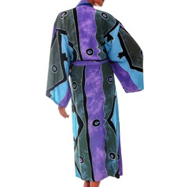 NOVICA Artisan Made Women's Handpainted Batik Patterned Robe from Indonesia (US, Alpha, One Size, Regular, Regular, Seaside Blue)
