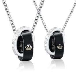 His Queen Her King Couple Pendant Necklaces His & Hers Matching Set Titanium Stainless Steel King Queen Couple Rings Pendant Necklace with Crown Engraved and Cubic Zirconia, Perfect for Christams, Anniversary, Valentine's Day, Romantic Gifts for Him and 