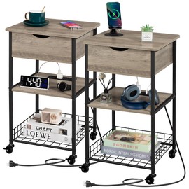 Tantmis Night Stands for Bedrooms Set of 2, Nightstand with Charging Station, End Tables, Bedside Table, Side Table, for Living Room, Bedroom, Night Stand with Drawer, Kids Nightstand, Silver Grey