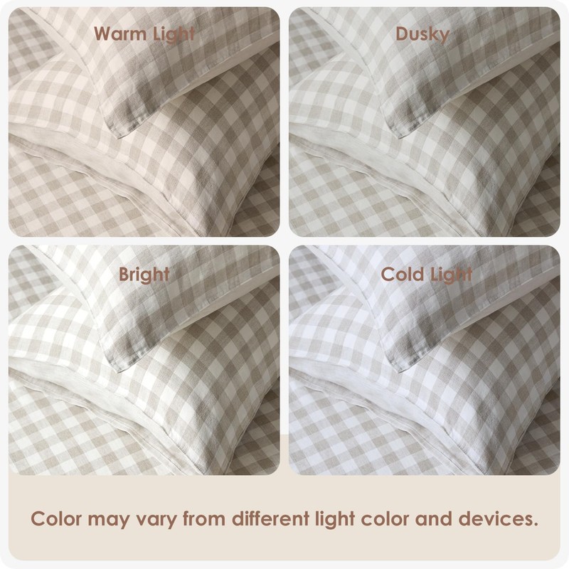 DAPU Linen Sheets Set Full, Gingham Check Plaid 100% Washed