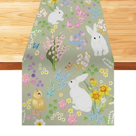 Spring Floral Table Runner Decoration, Flower Rabbit Duck Grass Leaves Tabletop Runner Holiday Decor Flower Dining Table Decor , Spring Floral Table Runner for Home Party Dining Room Restaurant