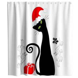 Merry Christmas Shower Curtains Funny Black Cat Wearing Santa Hat Theme Cloth Fabric Bathroom Decor Sets with Hooks Waterproof Washable 70 x 70 inches White and Red