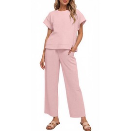 Bealin Track Suits for Women Set Short Sleeve Tops Wide Leg Pants 2 Piece Lounge Sets Retro Textured Matching Outfits Pink 2XL