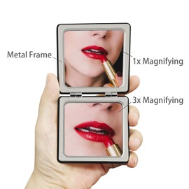 PDOZV Pocket Mirror for Men, 2 Pcs Bulk Black Square 2.8” Metal Frame PU Style Double Sided Mini Magnifying 1X/3X Mirror for Purse Compact Travel Mirror (Black)