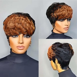 Flandi Pixie Cut Wig Human Hair Short Wigs for Black Women Human Hair Glueless Pixie Cut Glueless Wig Short Wigs Natural Curly with Brown R1B/30