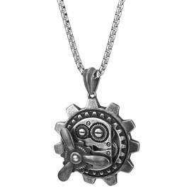 COOLSTEELANDBEYOND Stainless Steel Steampunk Gears Mechanic Pendant Necklace for Men, Old Metal Finishing, 30 in Chain
