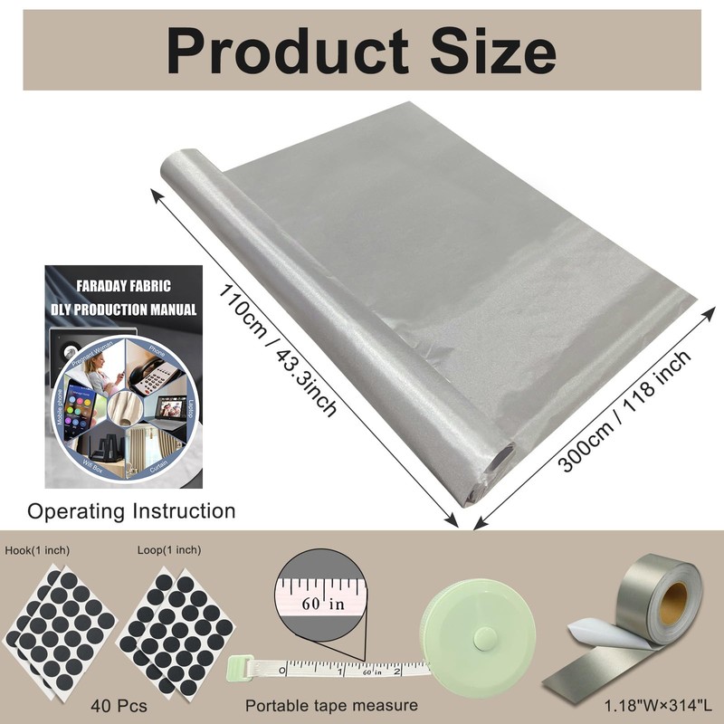 ZTTXL Faraday Fabric 43" W×118" L(Big 3 Yards)+1.18" W×314" L
