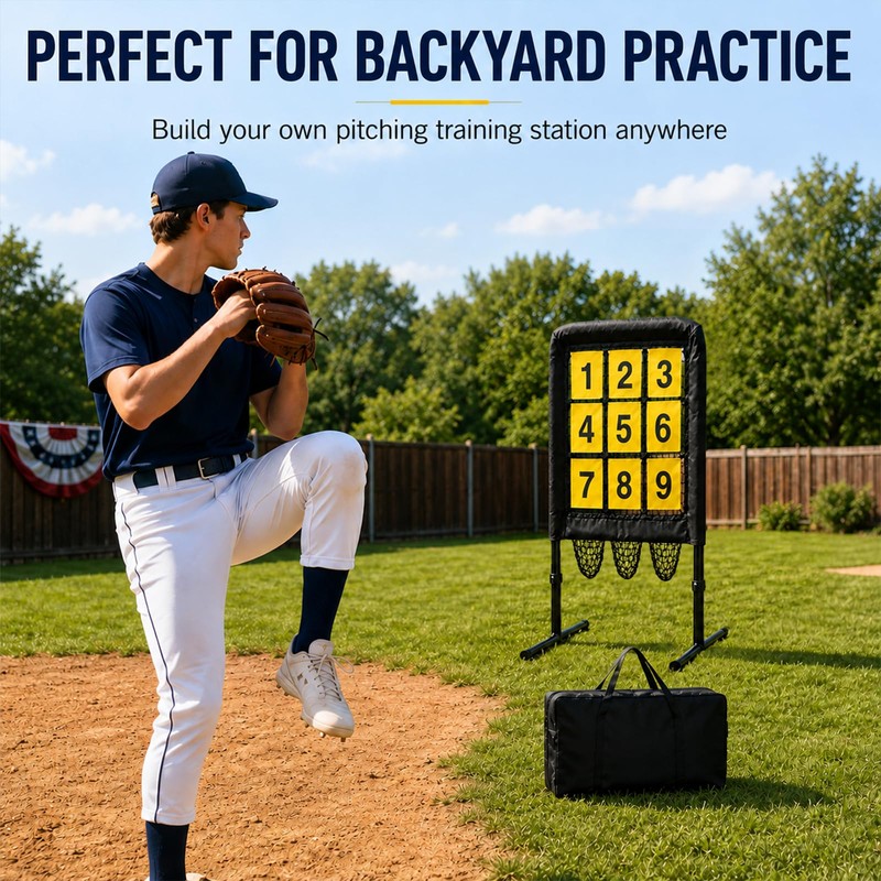 Malletra 9 Hole Baseball Pitching Net with Pitching Target, Adjustable
