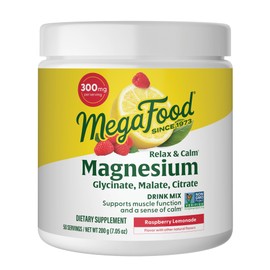 Megafood Relax + Calm Magnesium Powder - Highly Absorbable Magnesium Glycinate, Magnesium Citrate & Magnesium Malate - Without 9 Food Allergens - Raspberry Lemonade Flavor - 7.05 Oz (50 Servings)
