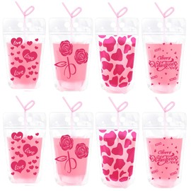 20 Pcs Valentines Day Heart Drink Pouches With Straws Pink Heart Love Rose Flowers Juice Pouches Reusable Clear Plastic Juice Drink Bags for Valentines Wedding Birthday Bachelorette Party Supplies
