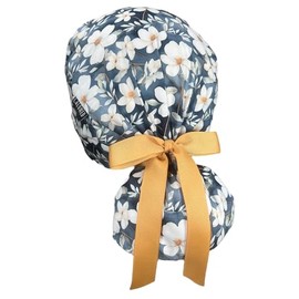 CALOMED Scrub Cap for Women and Men, Ponytail Scrub Caps, Working Hat, Head Cover with Ribbon Ties and Buttons, Long Hair (White Flowers on Gray)
