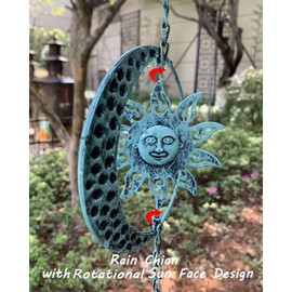 Aifeorzo Sun and Moon Decorative Rain Chain, 8.5 Ft Rain Chains for Gutters, Metal Garden Decor Rain Chime, Functional Replacement Catcher Chains for Outside Downspouts, Rotational Sun Face Design