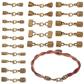 PH PandaHall 10 Styles Tibetan End Caps, 20 Sets Leather Cord End Caps Alloy Tube Barrel End Tip with Lobster Clasp Rope End Caps with Ring Connector for Necklaces Bracelet Jewelry Making