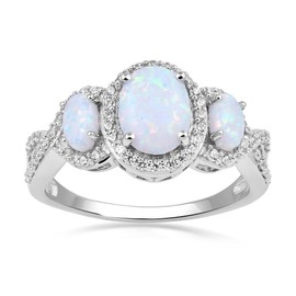 Jewelili Sterling Silver 8X6 MM and 5X3 MM Oval Created Opal and Round Created White Sapphire 3-Stone Engagement Ring, Metal, Created Opal