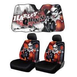 Plasticolor New Harley Quinn Truck Front 2 Seat Covers Headrest Covers & Sunshade Set