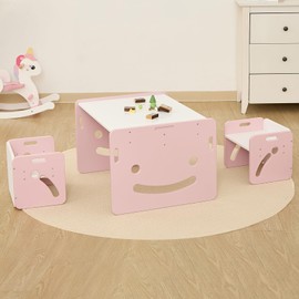 FUNLIO Height Adjustable Montessori Weaning Table and Chair Set for Age 1-3, Quality Solid Wood Toddler Table and 2 Chairs, Kids Table and Chairs for Reading/Eating/Playing,CPC Certified - Pink