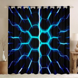 Homewish Honeycomb Curtains for Boys Kids Black Teal Blue Hexagon Geometric 30%-50% Blackout Curtains for Bedroom,Geometric Beehive Pattern Curtains & Drapes Lights Window Curtain 46" Wx54 L