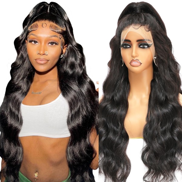 13 x 4 Lace Front Glueless Wig Human Hair for Black Women, 180% Density Body Wave Real Hair Wig with 100% Brazilian Real Hair, Wigs Women's Real Hair with Baby Hair, 24 Inches (60 cm)