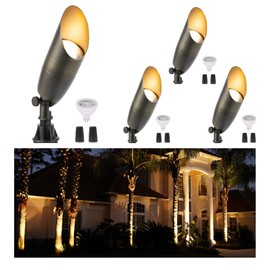 Gardenreet All Brass Landscape Lighting - LED Low Voltage Spotlights Outdoor, 12V Wired Uplights, Spot Lights Waterproof, Bronze for Outside Trees with 5W 2700K Warm White MR16 Bulb (4 Pack)