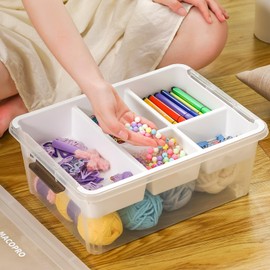 MACOPRO Plastic Storage Box with Removable Tray Craft Organizers and Storage Clear Storage Container for Organizing Bead, Tool, Sewing, Playdoh (White, 2Pack-17QT)