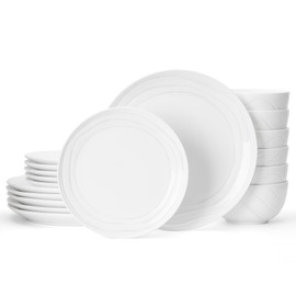 Sweese Porcelain Dinnerware Sets for 6, 18 Pieces Ceramic Plates and Bowls Sets, Handcrafted Minimalist Dinner Set, Chip and Scratch Resistant Dish Set, Dishwasher & Microwave Safe, White