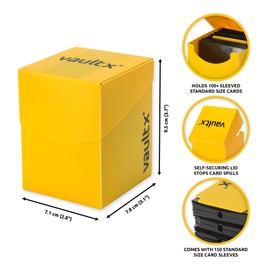 Vault X Large Deck Box with Self-Securing Lid and 150 Easy Shuffle Sleeves - Spacious Portable Holder Fits Over 100 Sleeved Cards - PVC Free Box and Sleeves (Yellow)