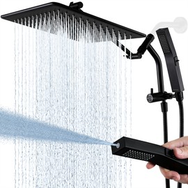 G-Promise All Metal 12'' Rain Shower Head with Handheld Built-in Power Wash Mode 3-way Diverter with Pause Setting 11'' Adjustable Extension Arm with Lock Joint 65'' Stainless Steel Hose