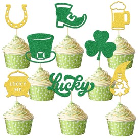 St. Patrick's Day Cupcake Toppers,Lucky Irish Clover Party Decorations,Lucky Four Leaf for Irish Party Decor,Four Leaf Clover Shamrock Birthday Wedding Party Supplies Gold Green 24 PCS
