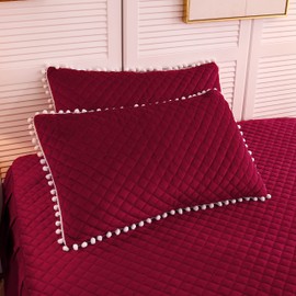 2 Pack Diamond Quilted Velvet Bed Pillowcases, Pom Poms Fringe Decorative Throw Pillow Shams Set of 2, Soft Bed Pillow Cases Zipper Closure for Teen's Girls Bedroom (Burgundy, King)