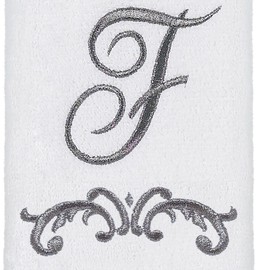 Avanti Linens - Monogram Embroided Fingertip Towel, 100% Cotton Bathroom Decor, F-Scroll, White/Pewter