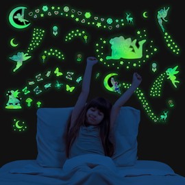 Glow in The Dark Fairy Star Wall Stickers, Neon Fantasy Elf Butterfly Wall Decal for Girls Room, Baby Girl Boy Bedroom Ceiling Nursery Decoration