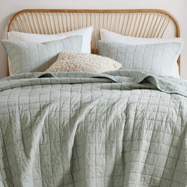 Hyde Lane Luxury Linen Quilt Set Queen Size, Organic European Flax Cotton Blend Bedding for Bedspread and Coverlet, Box Stitched, with 2 Pillow Shams, 90"x96", Sage Green